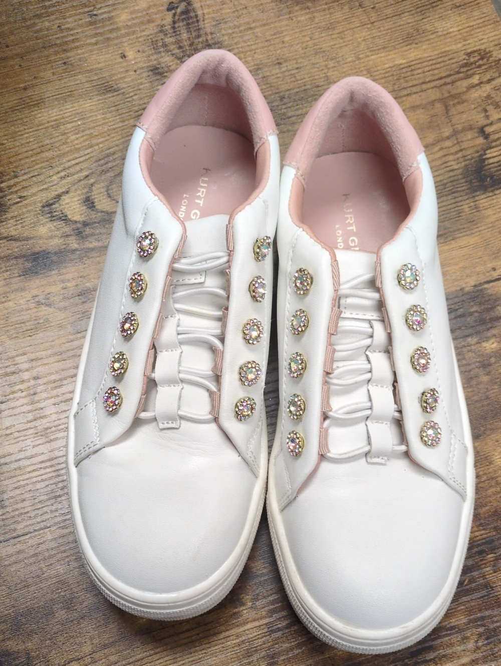 Kurt Geiger White Sneakers with Blush-Pink Trim & Crystal Buttons